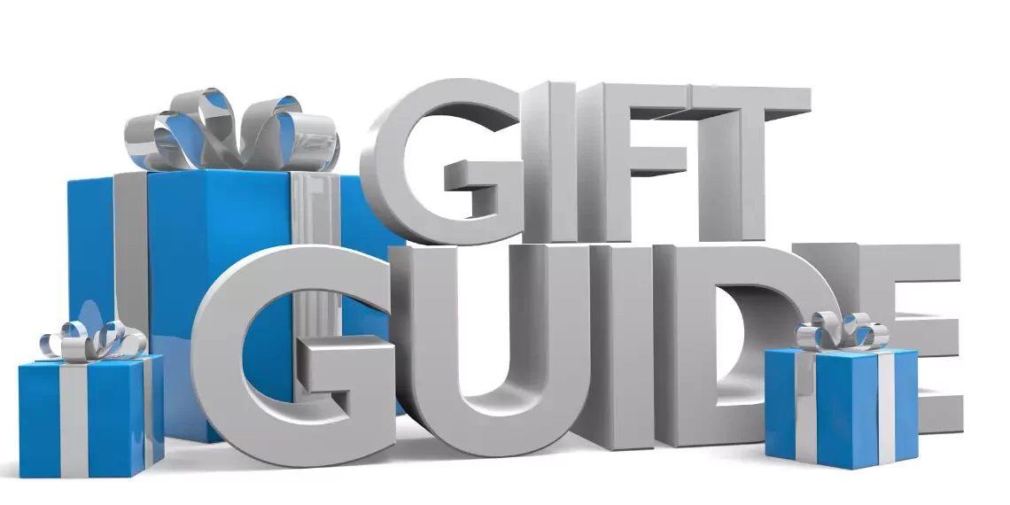 3D Text of Gift Guide with Blue Gift Boxes