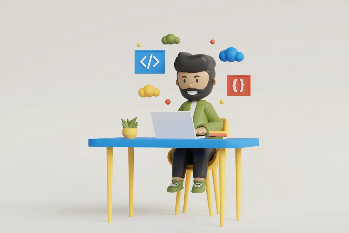 3D illustration of a WordPress expert surrounded by coding and design icons